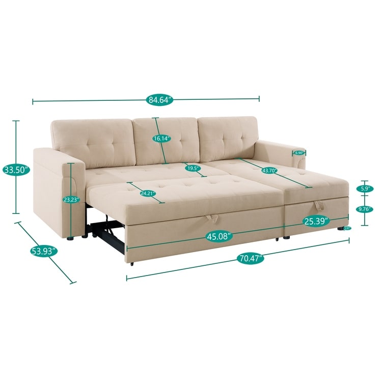 Divano componibile reversibile con letto estraibile, chaise longue con contenitore nascosto, gambe resistenti,