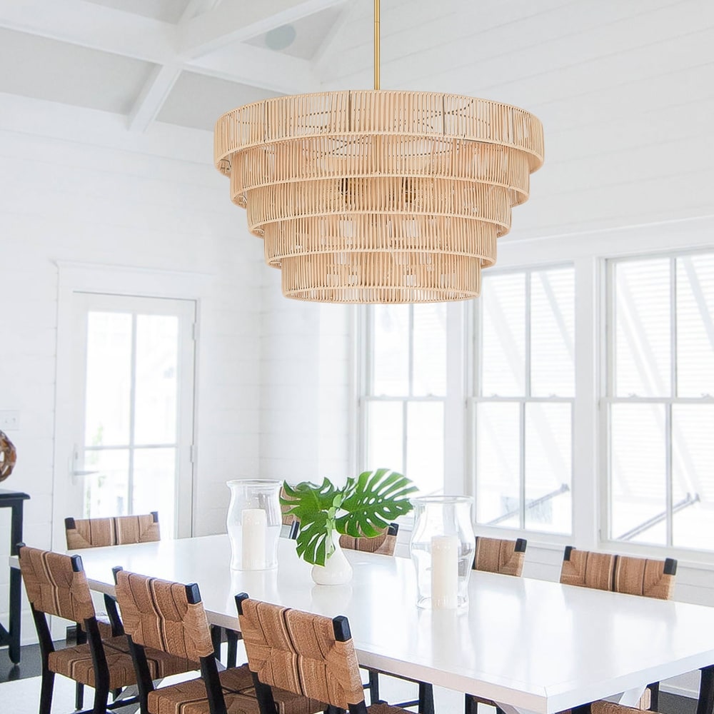 Lampadario moderno bohémien Piersan a 5 luci con paralume in rattan a più livelli - 26 pollici di larghezza
