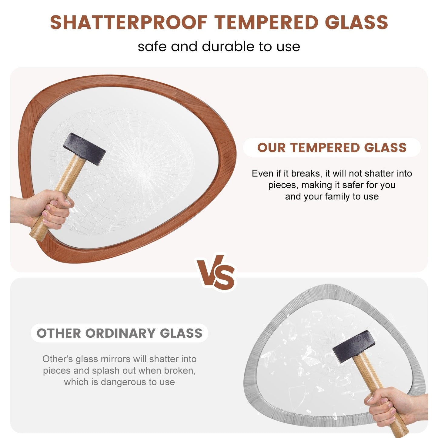 Specchio da parete asimmetrico a forma di ciottoli con cornice in pino