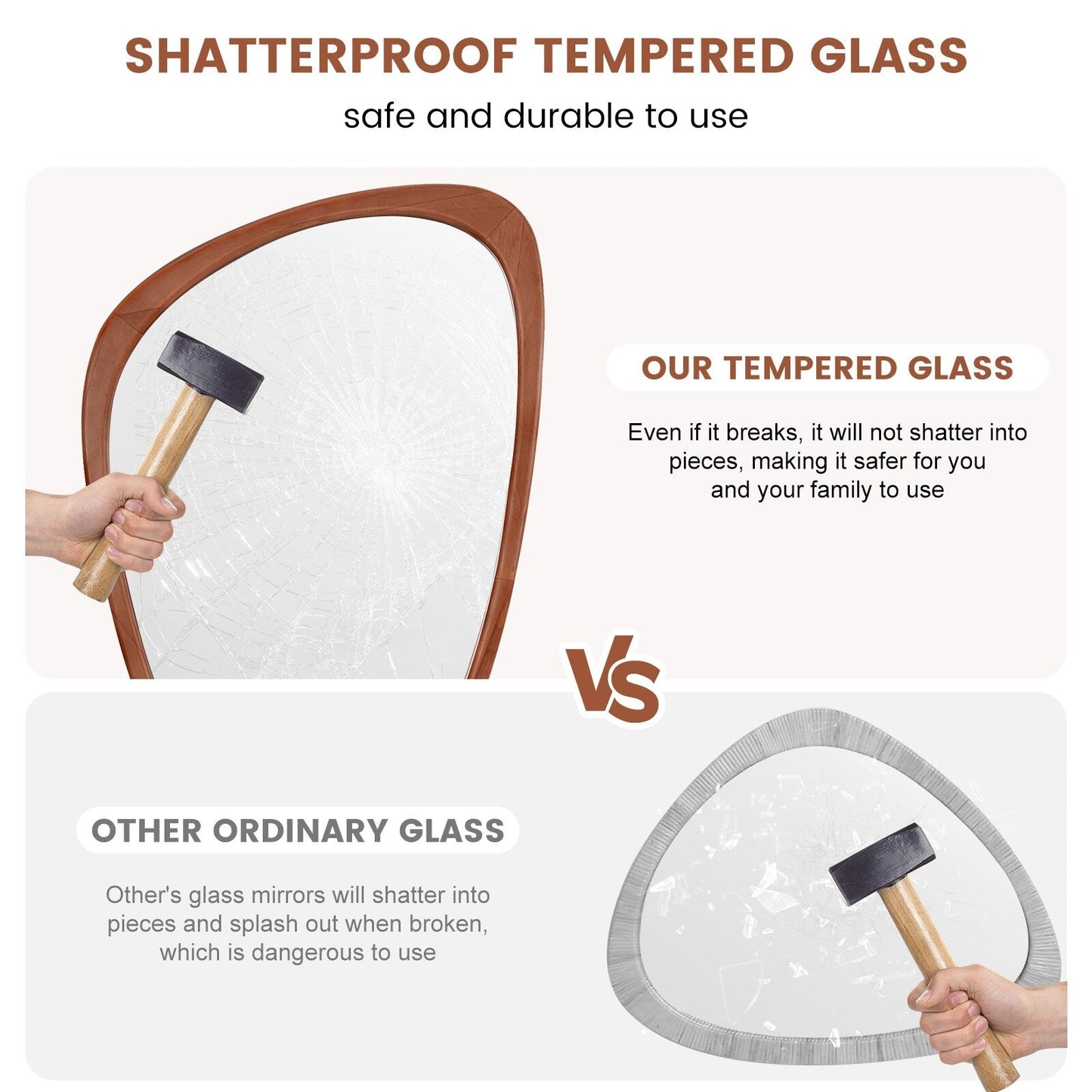 Specchio da parete asimmetrico a forma di ciottoli con cornice in pino