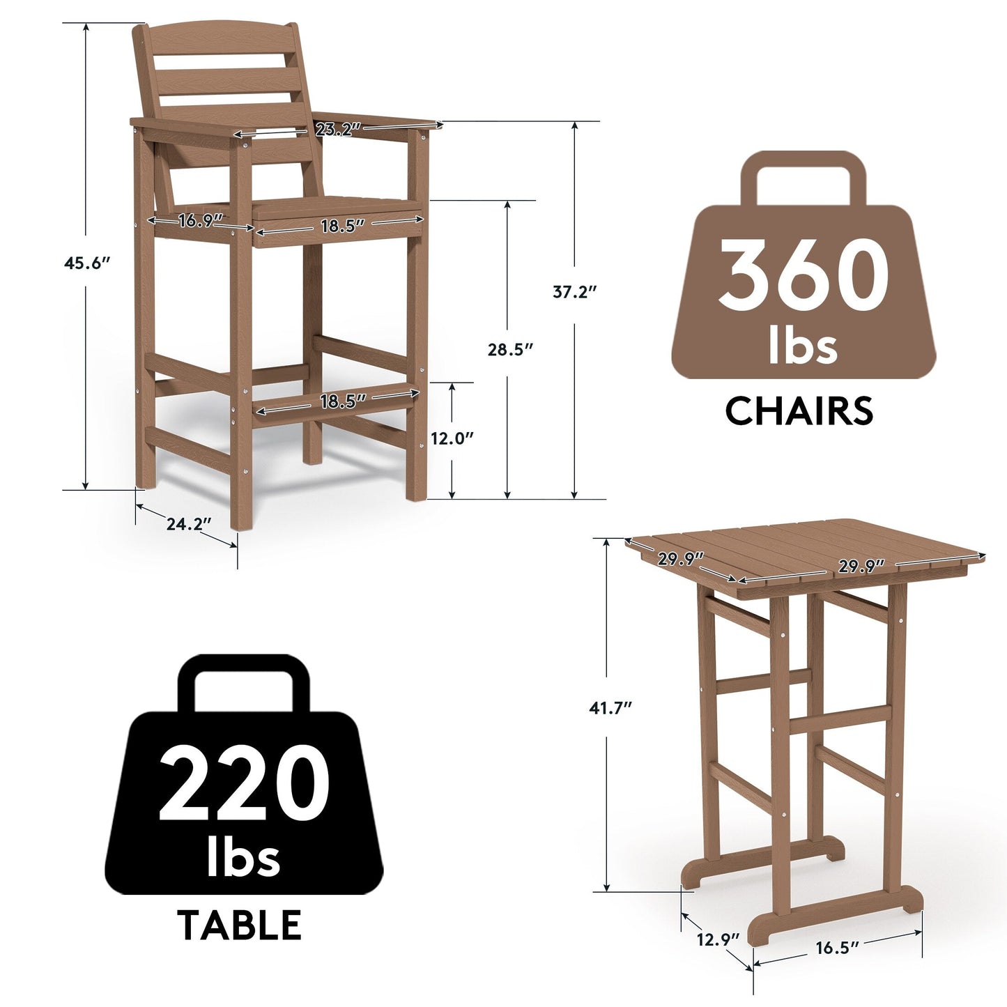 Set di 3 sedie Adirondack alte in plastica, set da conversazione per patio