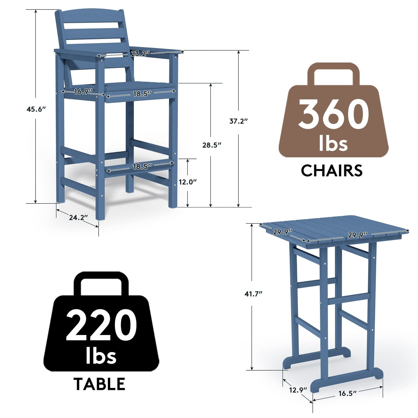 Set di 3 sedie Adirondack alte in plastica, set da conversazione per patio