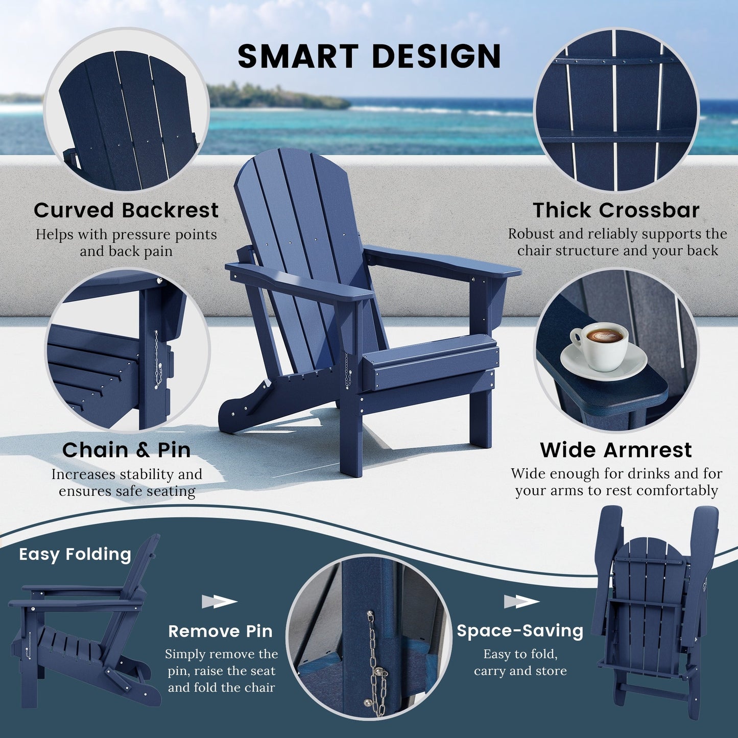 Sedia Adirondack pieghevole per esterni e patio, resistente allo sbiadimento e a tutte le condizioni atmosferiche, Polytrends Laguna