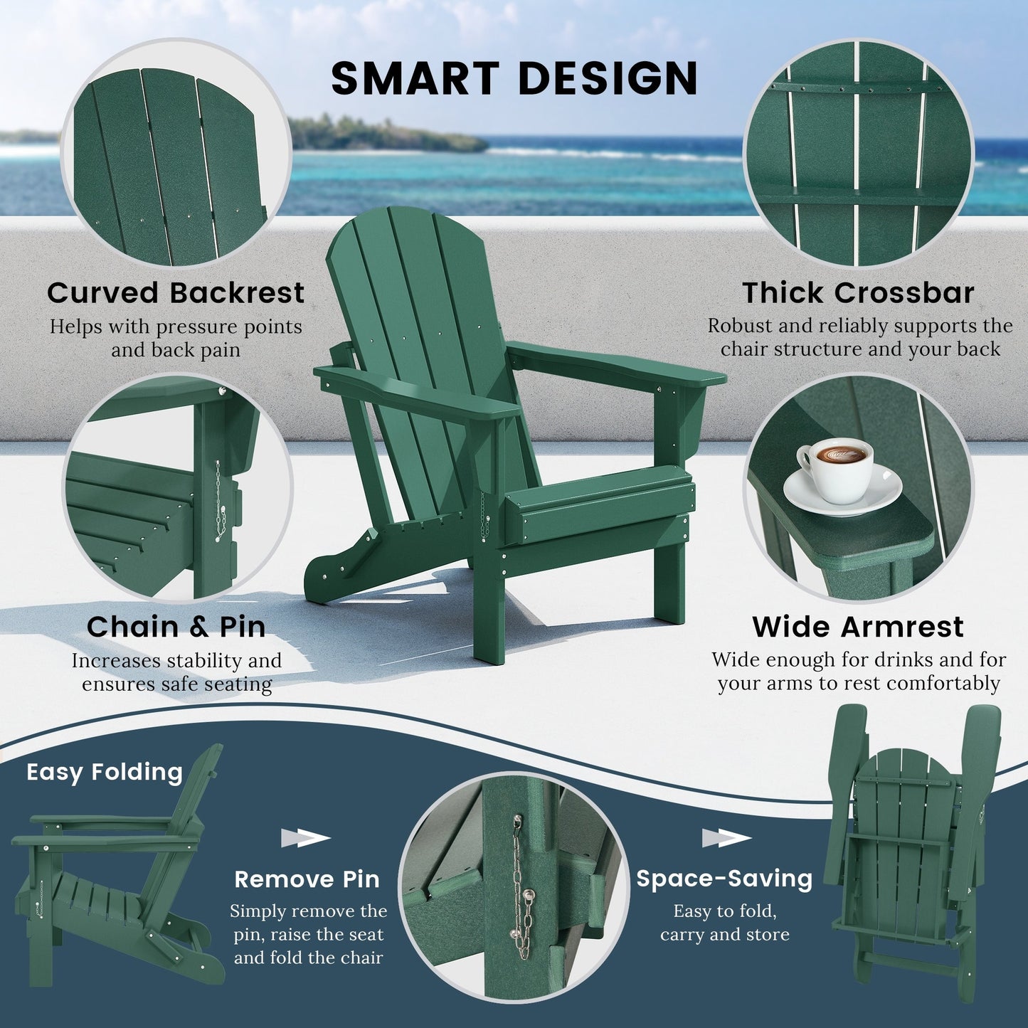 Sedia Adirondack pieghevole per esterni e patio, resistente allo sbiadimento e a tutte le condizioni atmosferiche, Polytrends Laguna