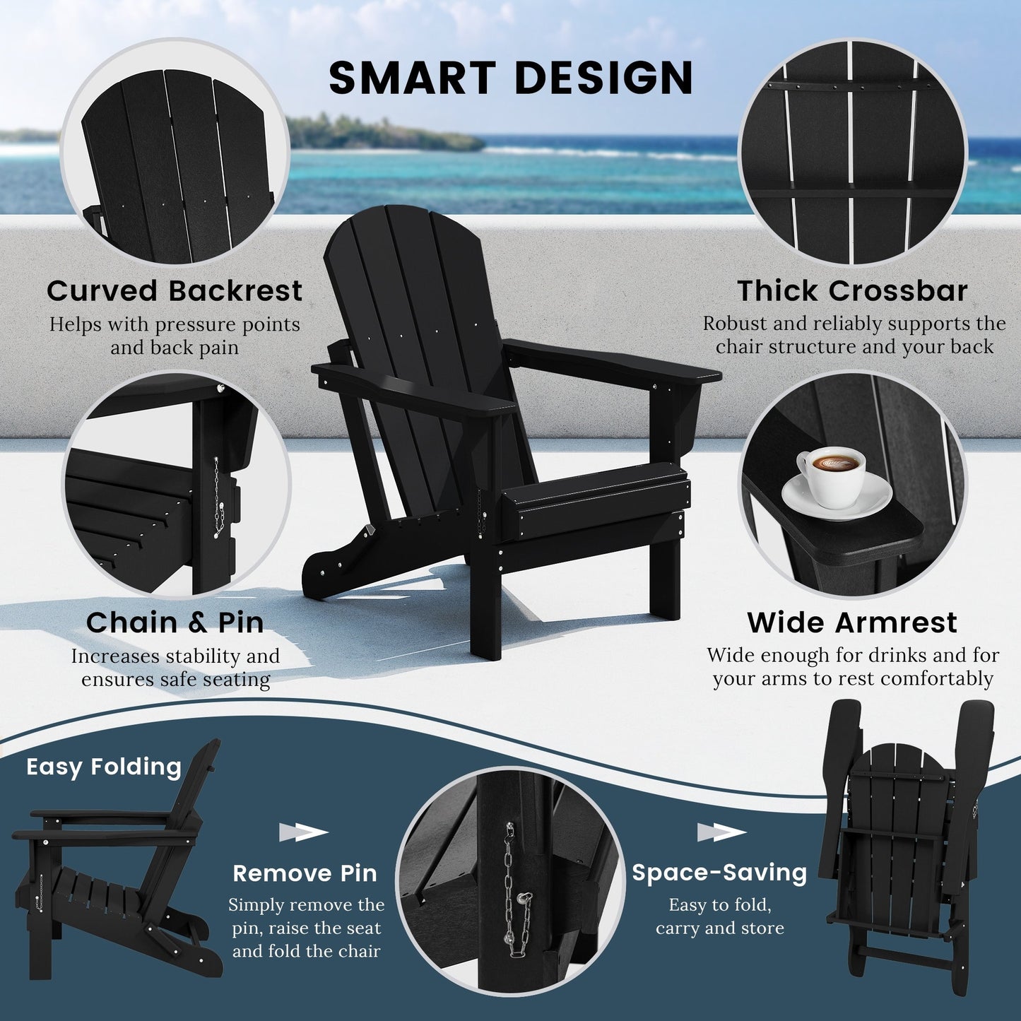 Sedia Adirondack pieghevole per esterni e patio, resistente allo sbiadimento e a tutte le condizioni atmosferiche, Polytrends Laguna