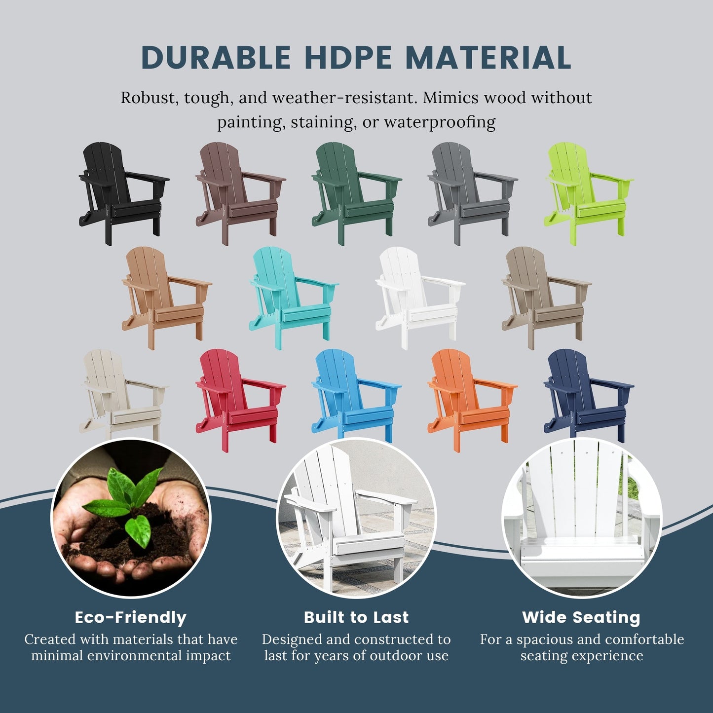 Sedia Adirondack pieghevole per esterni e patio, resistente allo sbiadimento e a tutte le condizioni atmosferiche, Polytrends Laguna