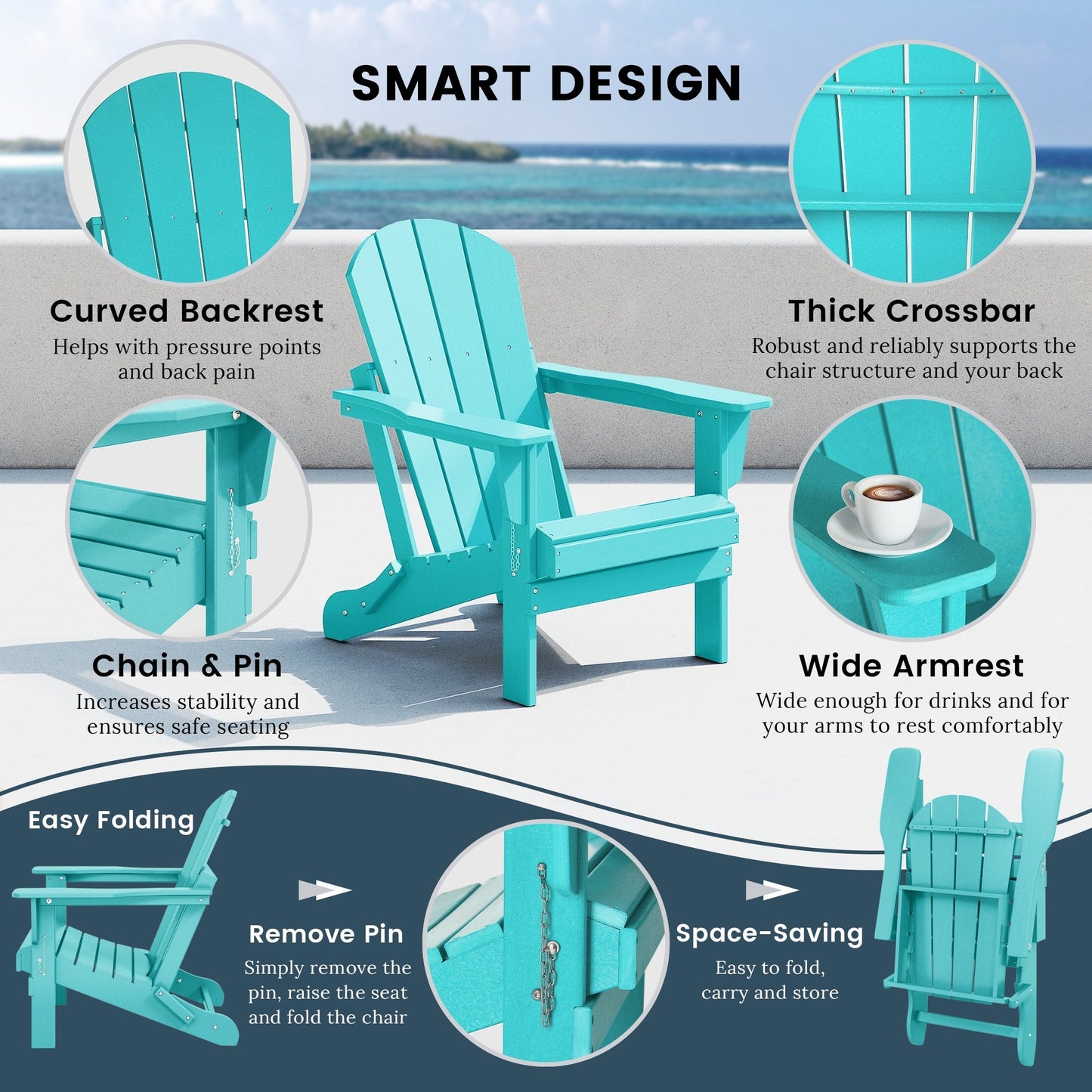 Sedia Adirondack pieghevole per esterni e patio, resistente allo sbiadimento e a tutte le condizioni atmosferiche, Polytrends Laguna