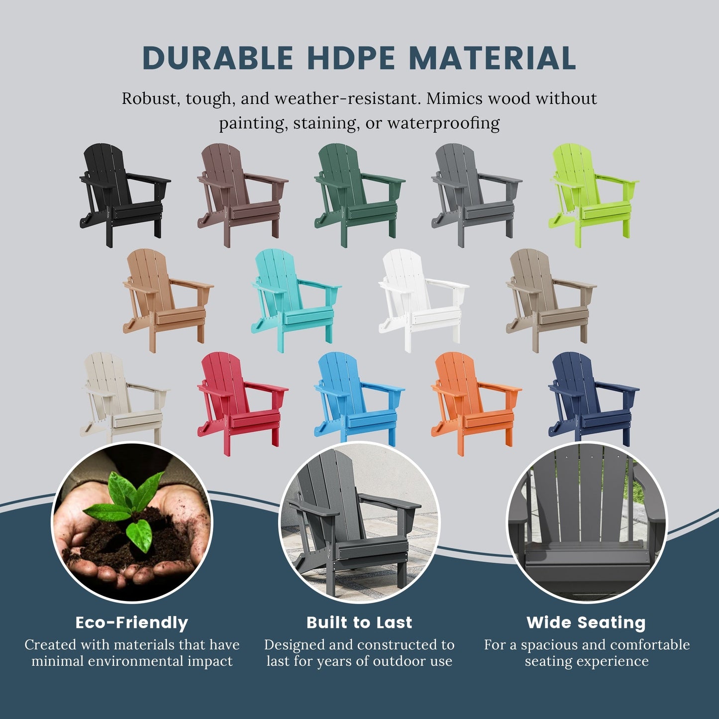 Sedia Adirondack pieghevole per esterni e patio, resistente allo sbiadimento e a tutte le condizioni atmosferiche, Polytrends Laguna