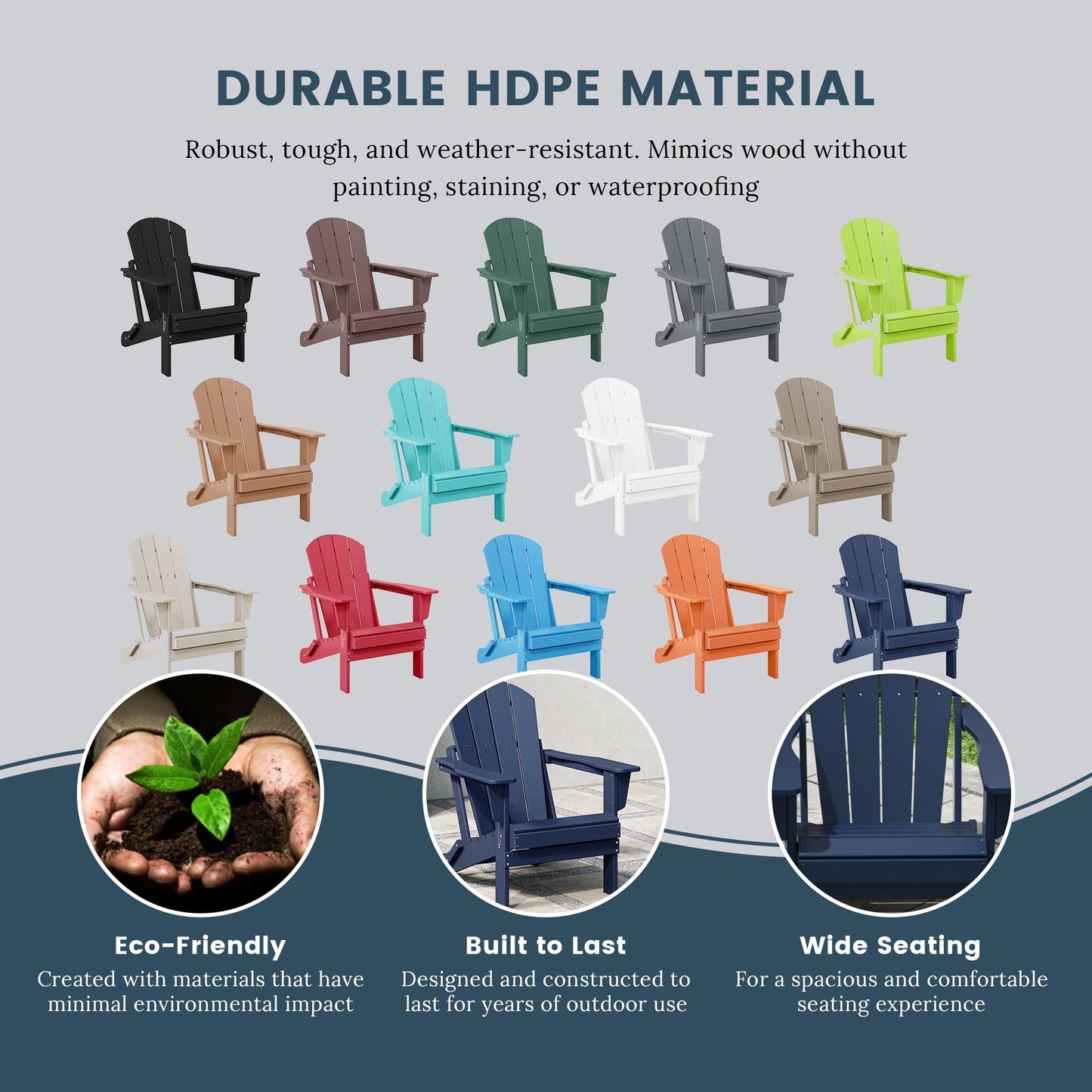 Sedia Adirondack pieghevole per esterni e patio, resistente allo sbiadimento e a tutte le condizioni atmosferiche, Polytrends Laguna