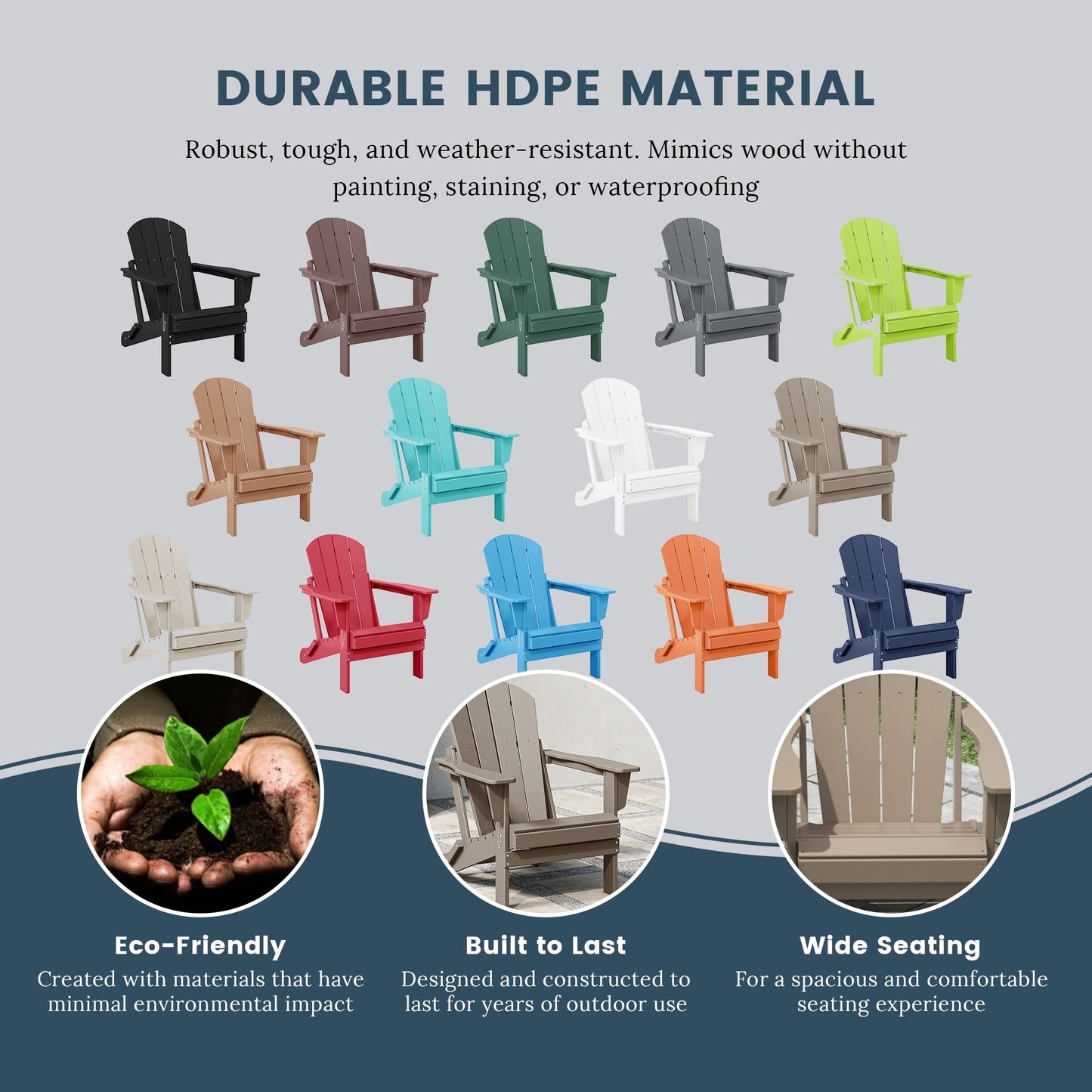 Sedia Adirondack pieghevole per esterni e patio, resistente allo sbiadimento e a tutte le condizioni atmosferiche, Polytrends Laguna