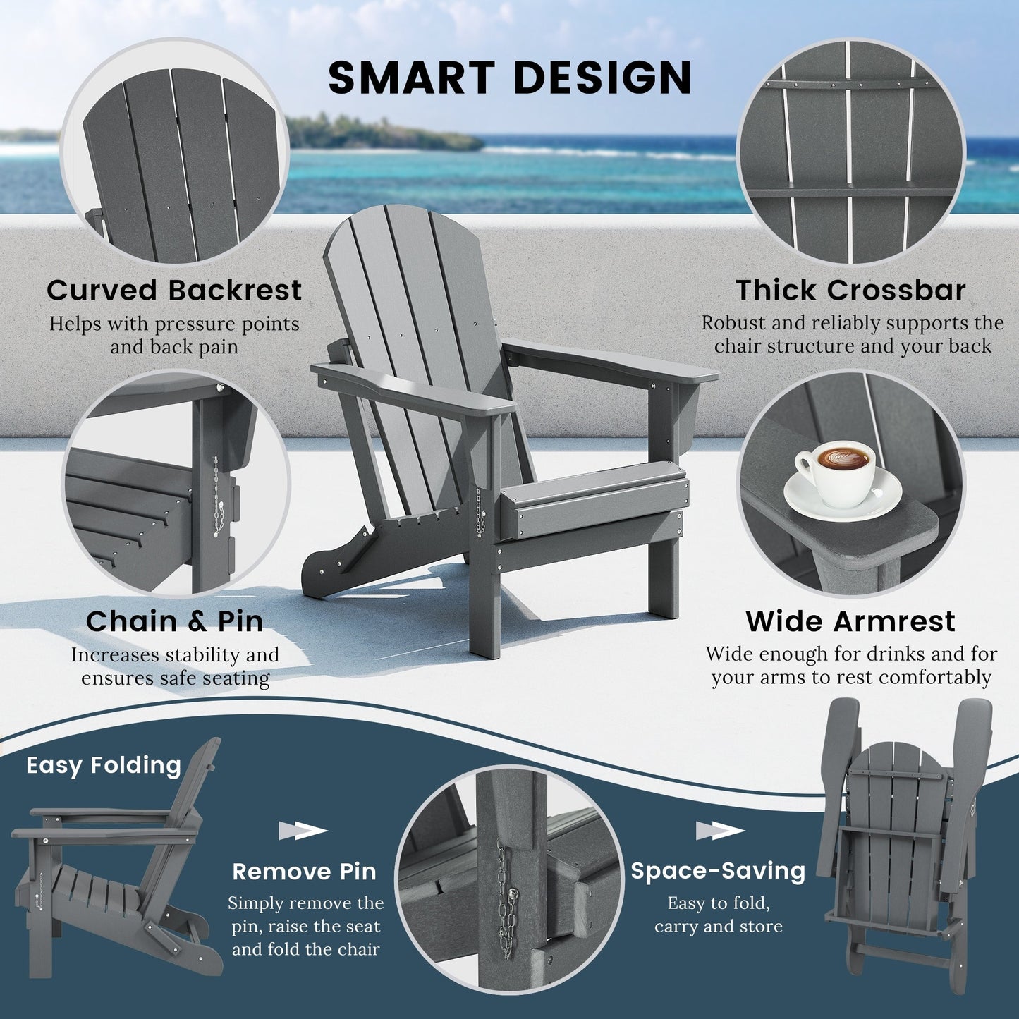 Sedia Adirondack pieghevole per esterni e patio, resistente allo sbiadimento e a tutte le condizioni atmosferiche, Polytrends Laguna