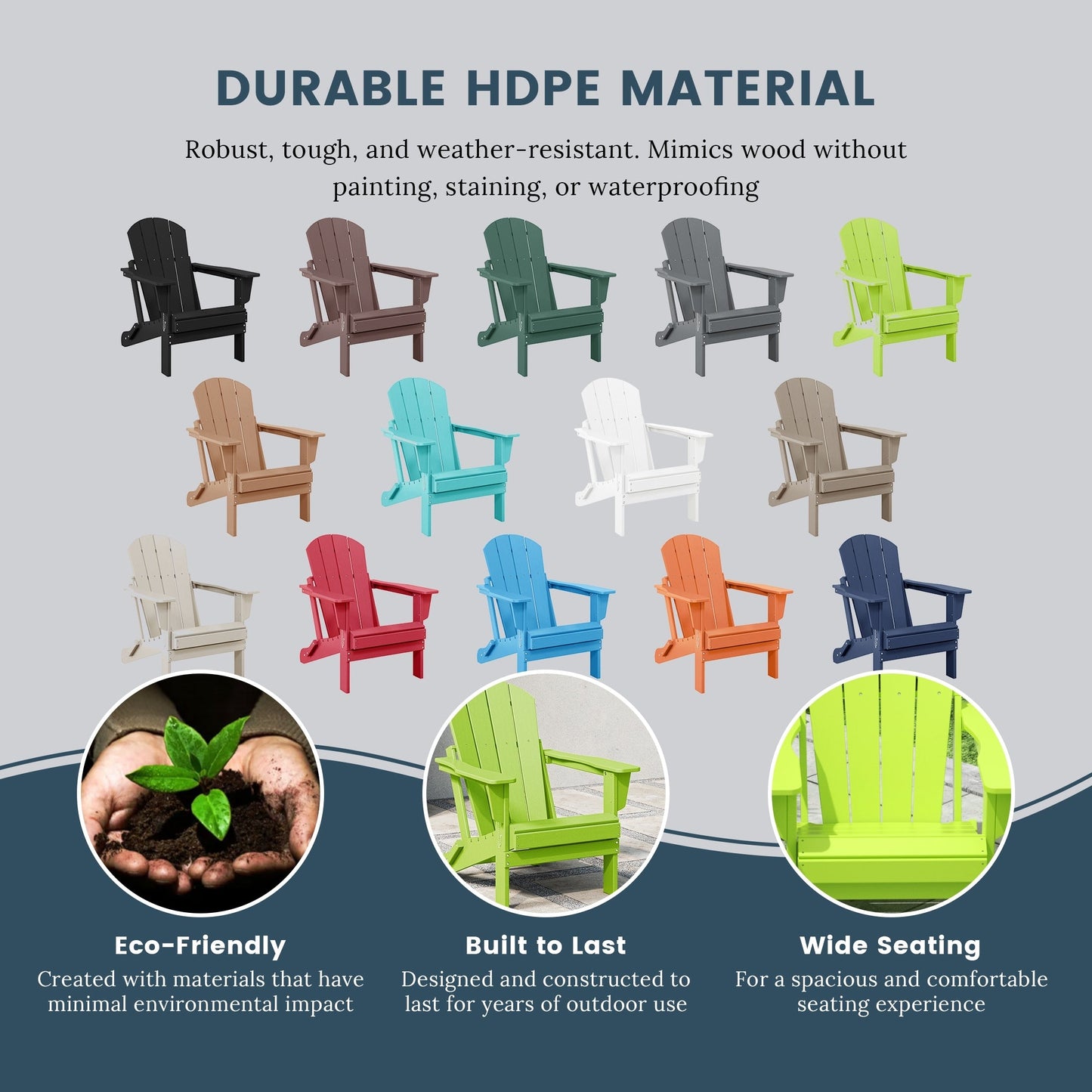 Sedia Adirondack pieghevole per esterni e patio, resistente allo sbiadimento e a tutte le condizioni atmosferiche, Polytrends Laguna