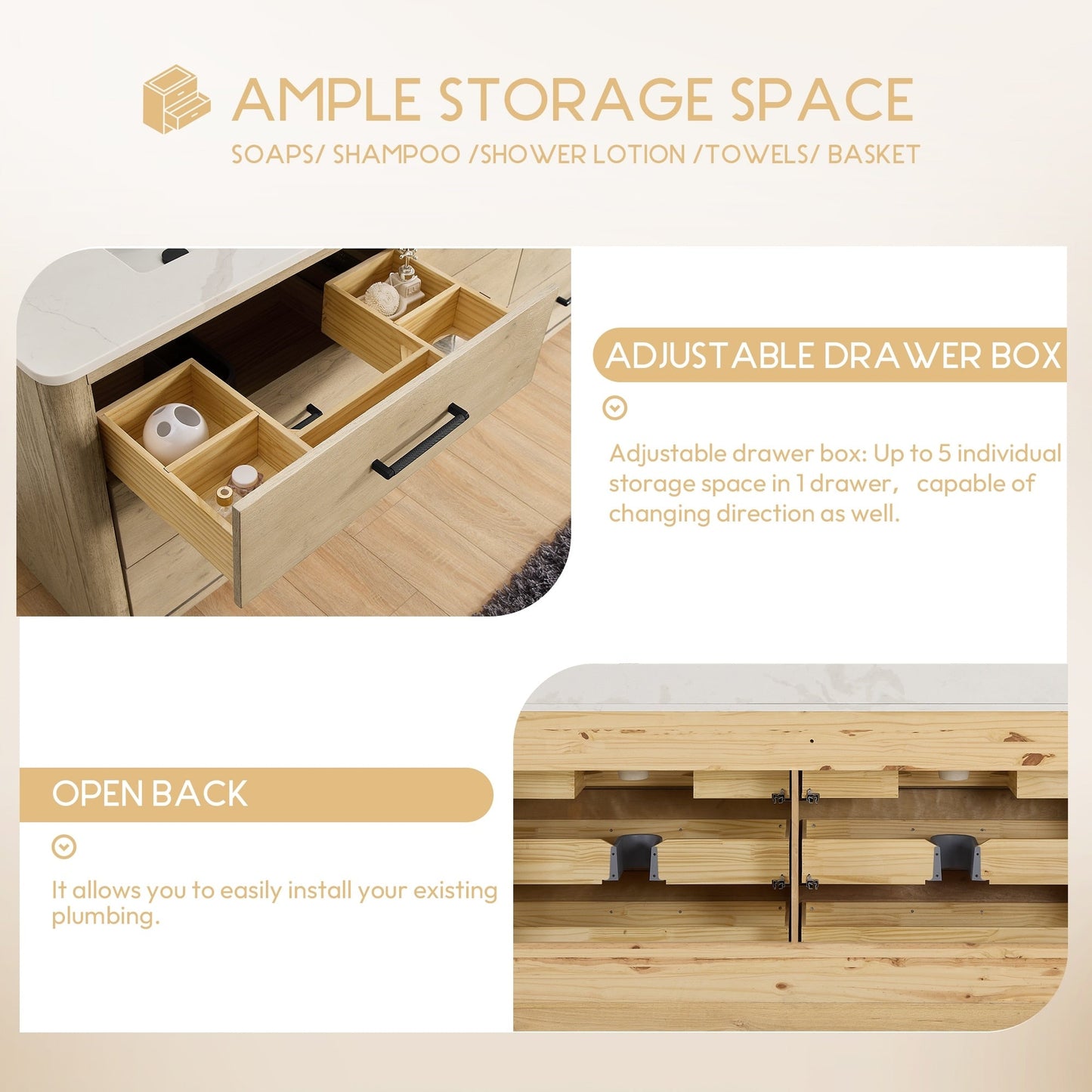 Mobile bagno Porto con piano in pietra di quarzo bianco senza specchio