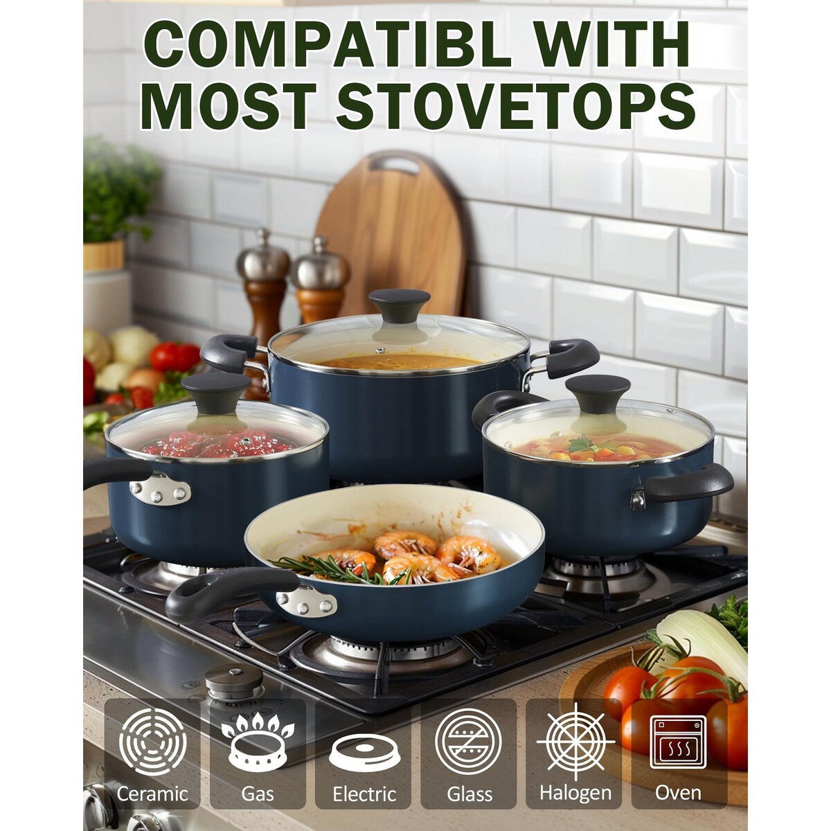 Set di pentole e padelle antiaderenti, set di pentole da cucina in ceramica da 10 pezzi, set di cottura antiaderente con casseruole