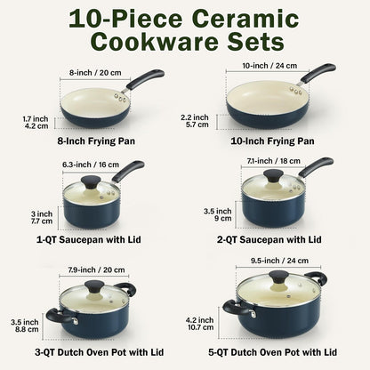 Set di pentole e padelle antiaderenti, set di pentole da cucina in ceramica da 10 pezzi, set di cottura antiaderente con casseruole