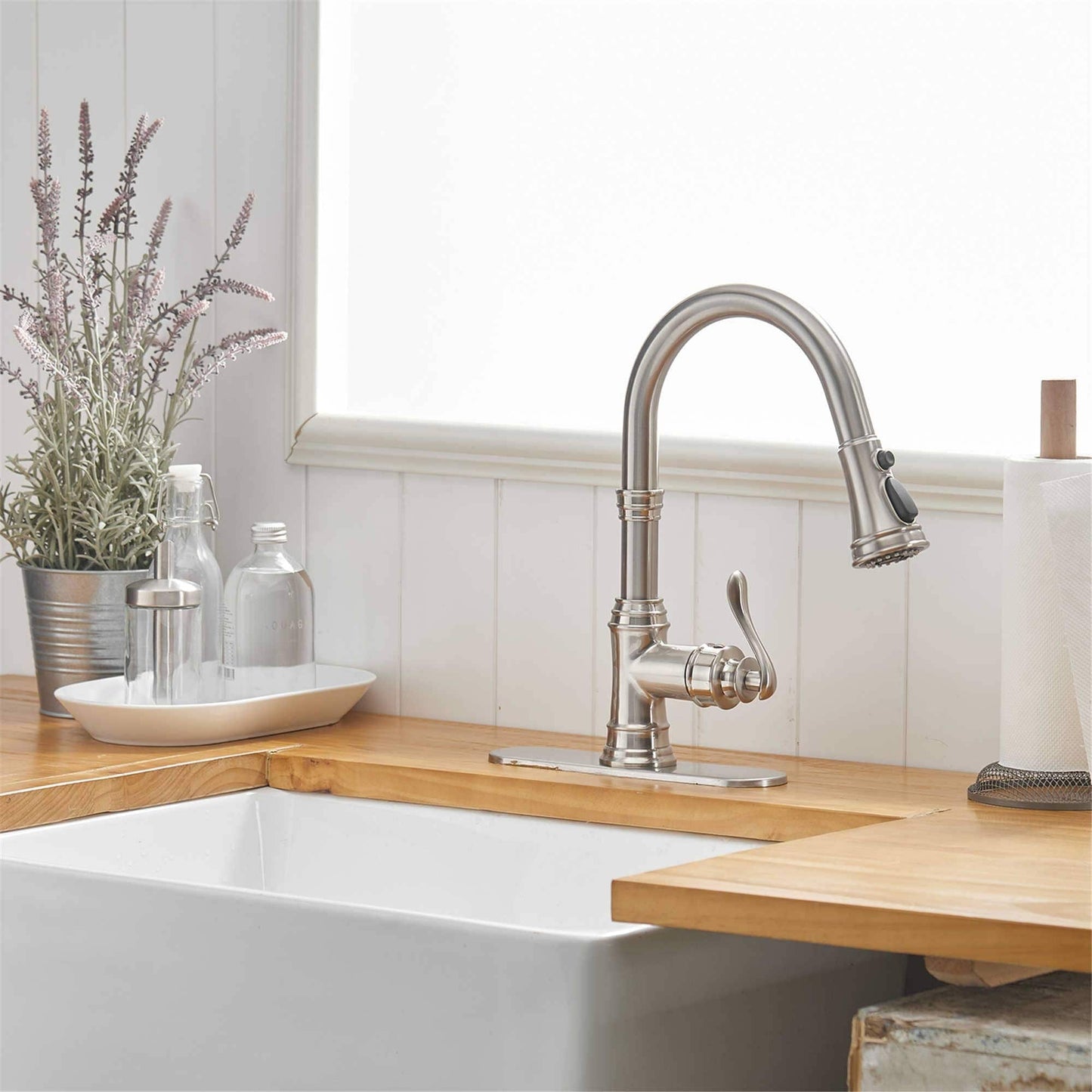 Rubinetto da cucina estraibile, maniglia singola, moderno, un foro, rubinetto per lavello da cucina con spruzzatore estraibile, rubinetto per lavabo con piastra di copertura