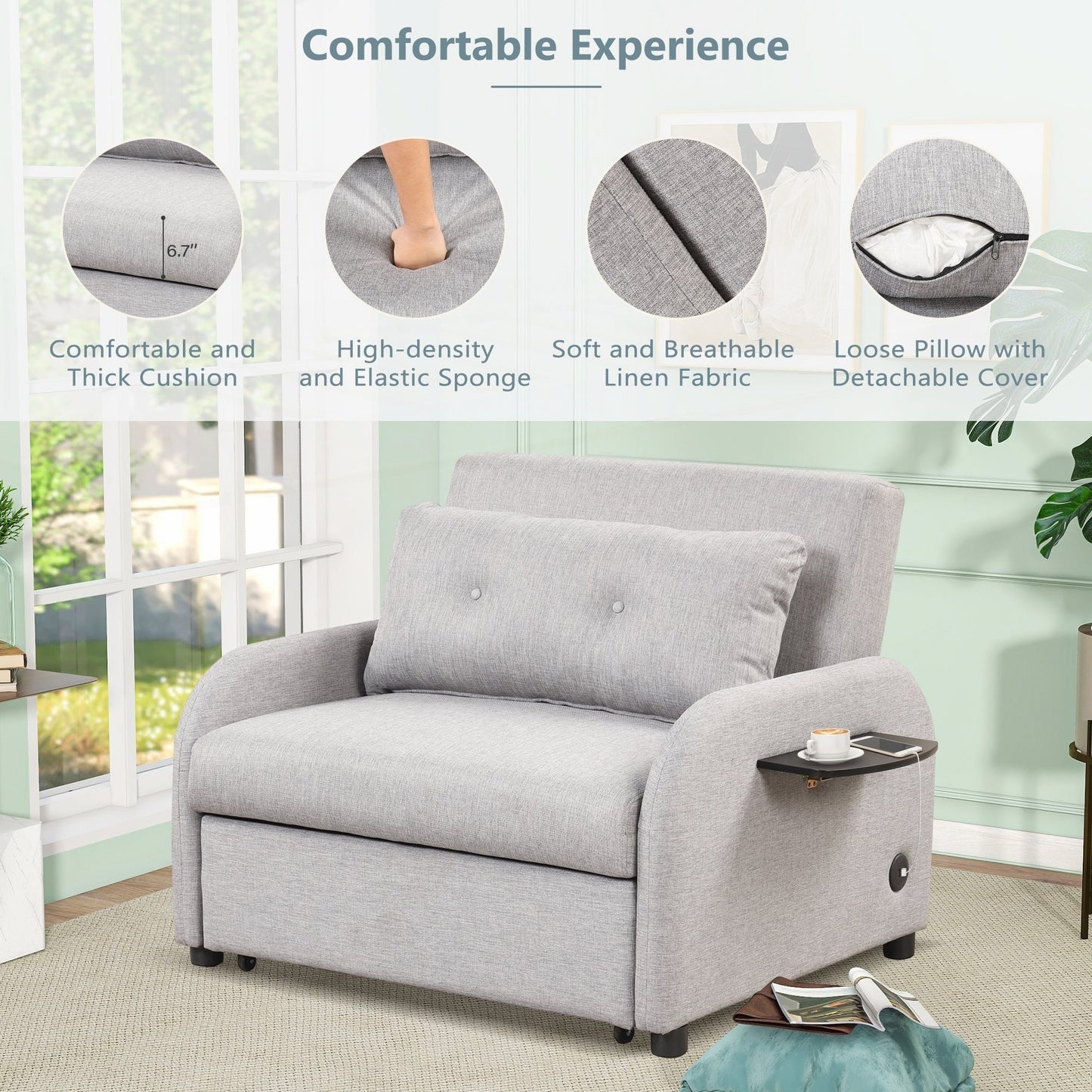 Divano letto estraibile 3 in 1 con tavolo a 2 ali