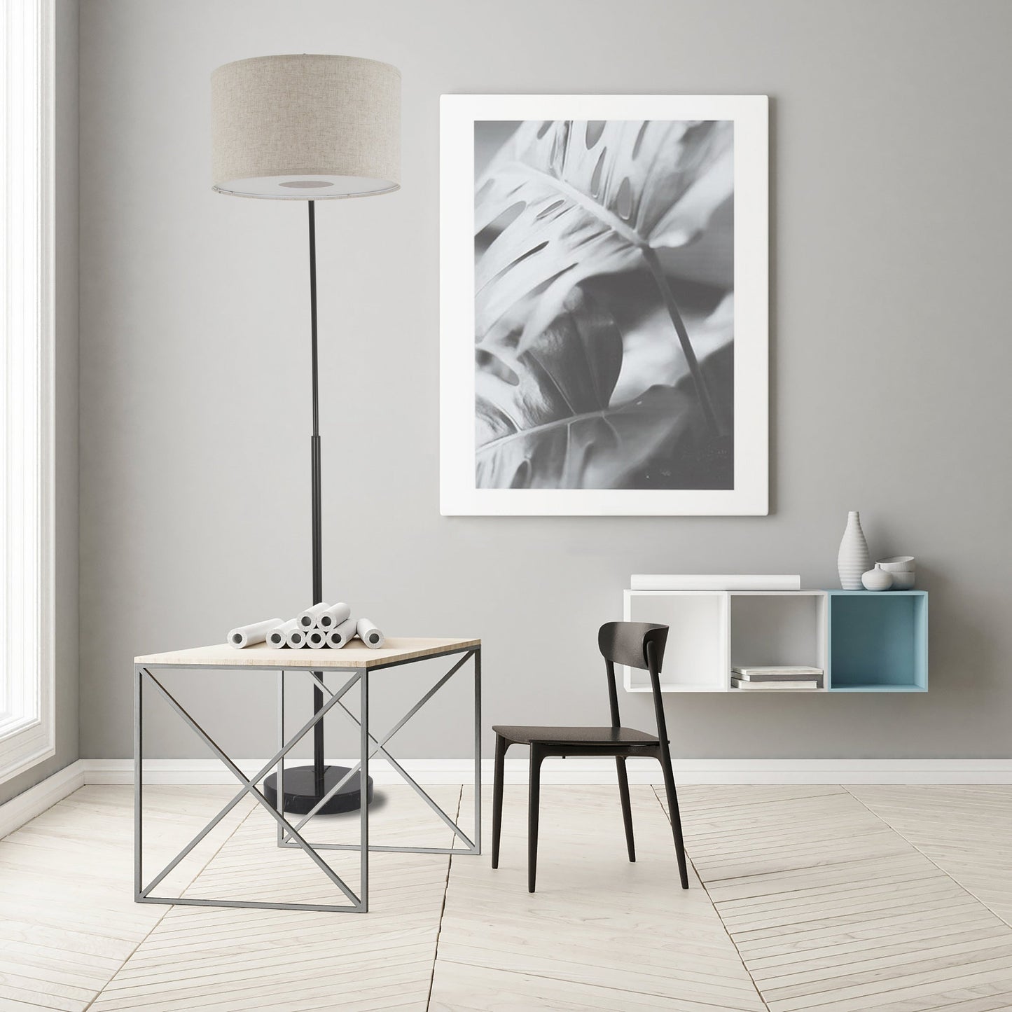 Lampada da terra ad arco regolabile in acciaio Q-Max 81 con paralume extra large e base in marmo