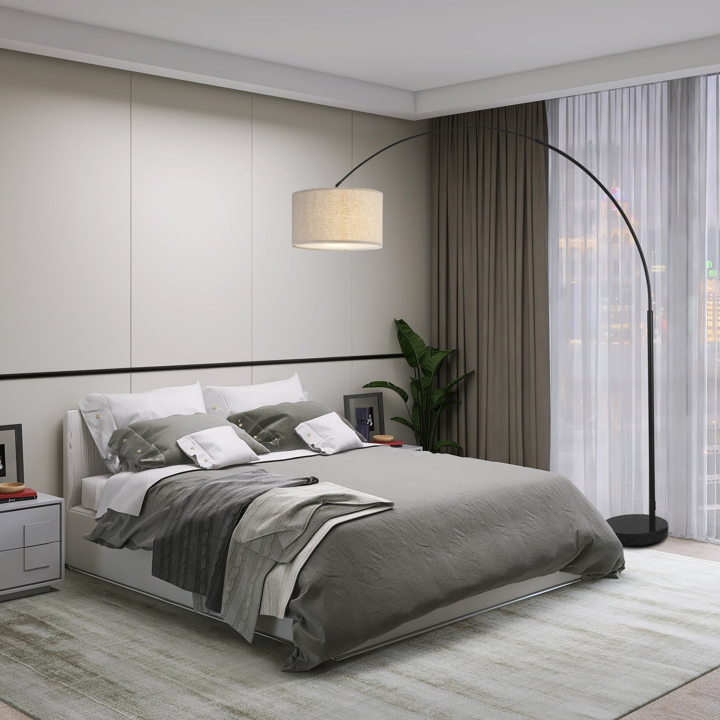 Lampada da terra ad arco regolabile in acciaio Q-Max 81 con paralume extra large e base in marmo