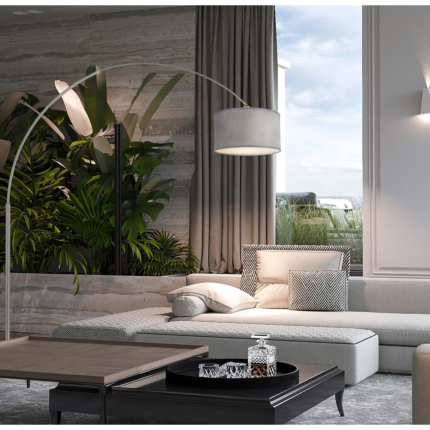 Lampada da terra ad arco regolabile in acciaio Q-Max 81 con paralume extra large e base in marmo