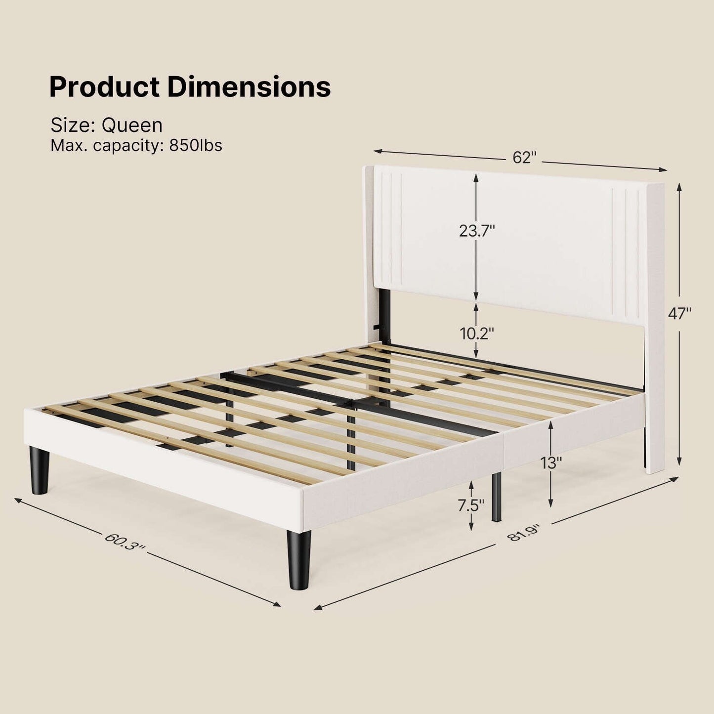 Letto imbottito con canali verticali queen/full e testiera wingback