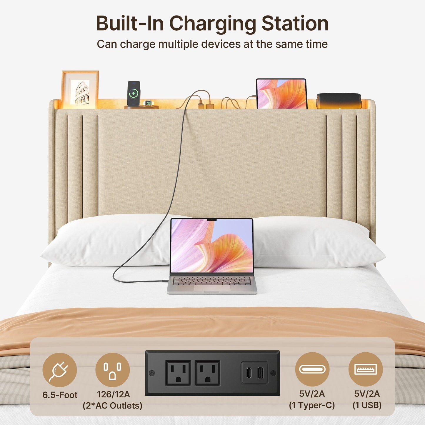 Letto imbottito con canali verticali queen/full e testiera wingback