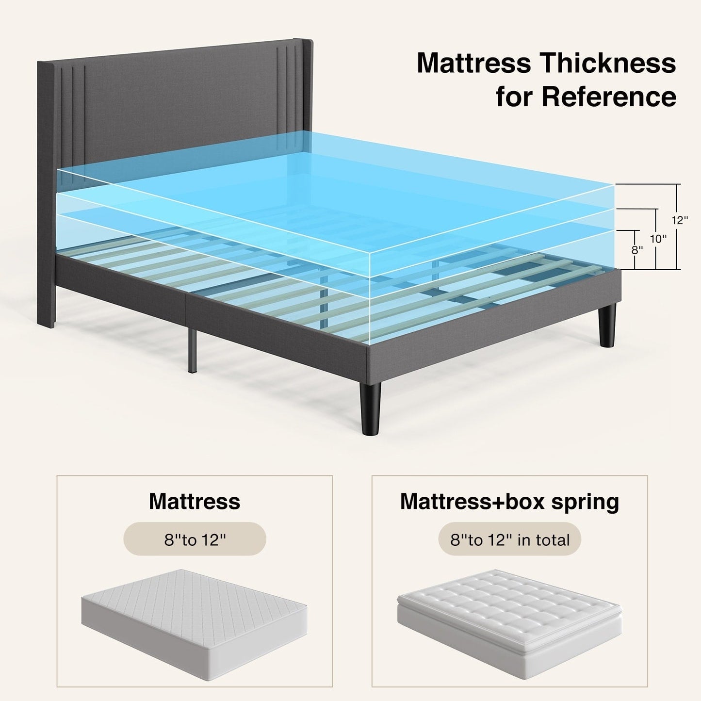 Letto imbottito con canali verticali queen/full e testiera wingback