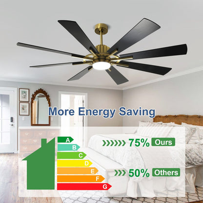 Ventilatore da soffitto con luci e telecomando, 8 pale in legno grandi