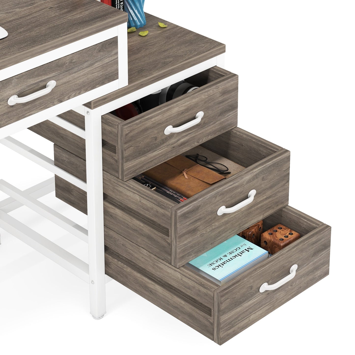Scrivania per computer reversibile con 5 cassetti, scrivania per ufficio con cassetto per schedario e supporto per stampante