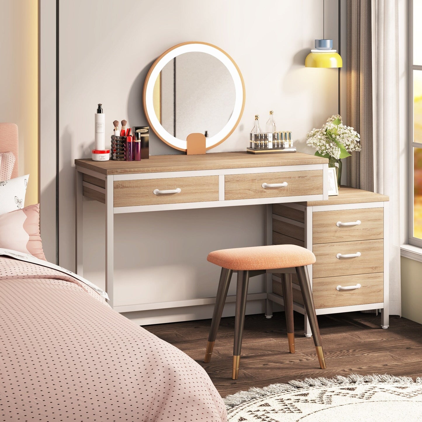 Scrivania per computer reversibile con 5 cassetti, scrivania per ufficio con cassetto per schedario e supporto per stampante