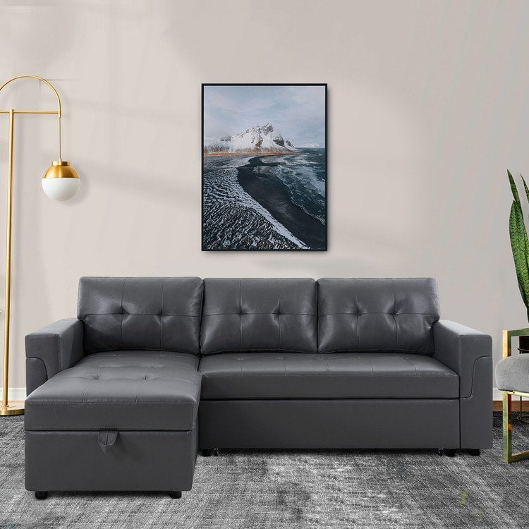 Divano componibile reversibile con letto estraibile, chaise longue con contenitore nascosto e gambe resistenti