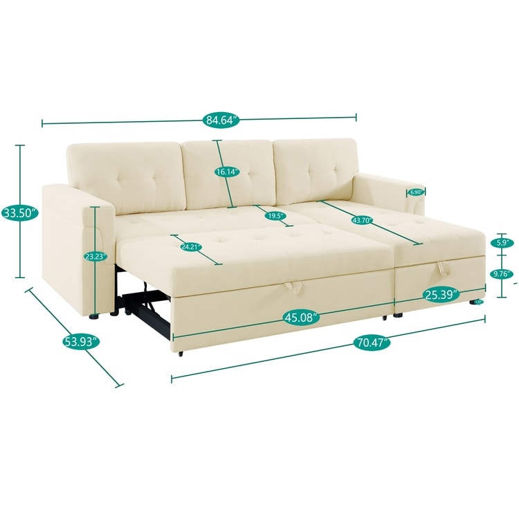 Divano componibile reversibile con letto estraibile, chaise longue con contenitore nascosto e gambe resistenti