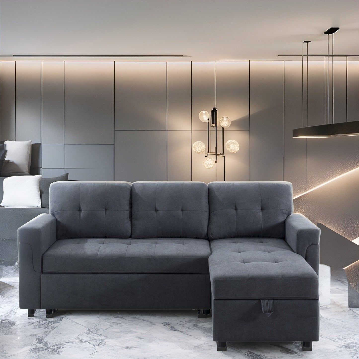 Divano componibile reversibile con letto estraibile, chaise longue con contenitore nascosto, gambe resistenti,