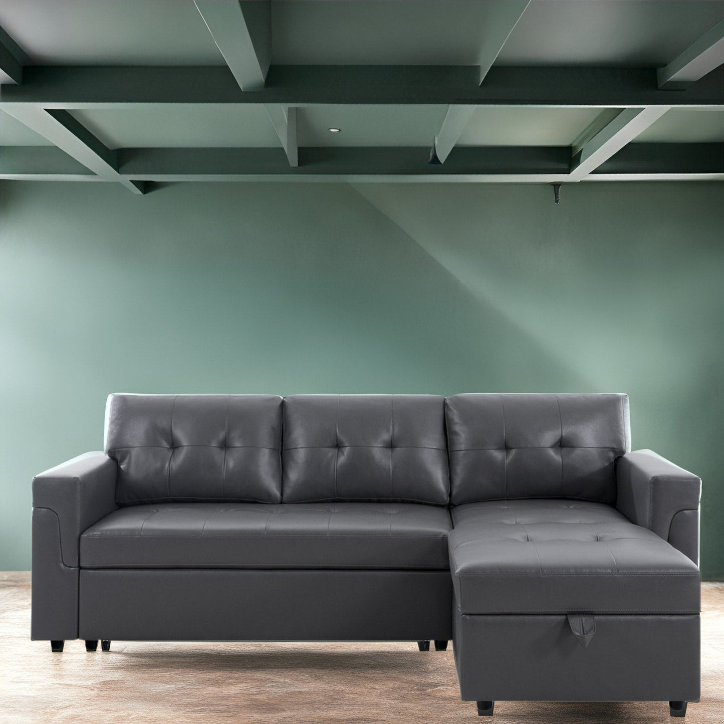 Divano componibile reversibile con letto estraibile, chaise longue con contenitore nascosto, gambe resistenti,