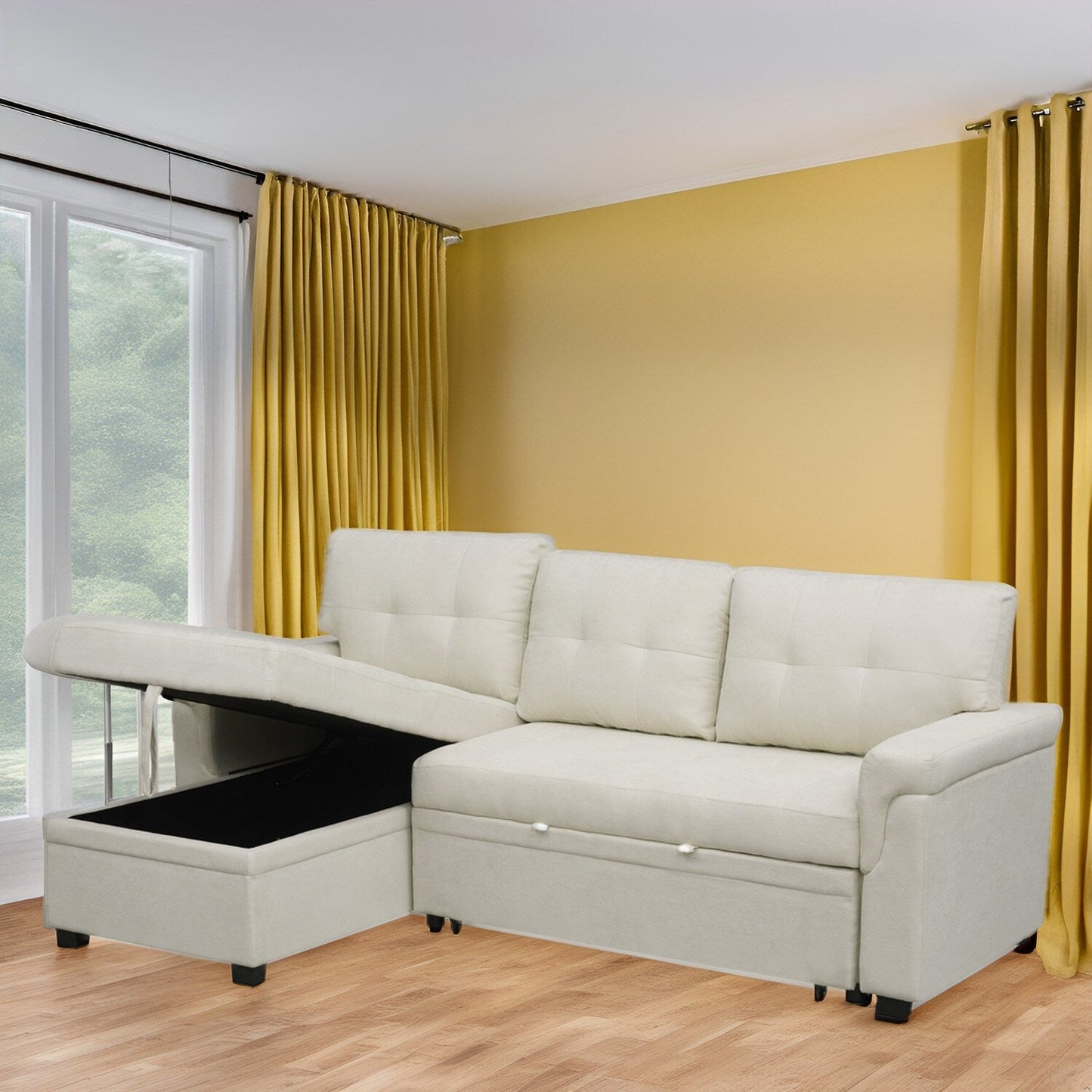 Divano componibile reversibile con letto estraibile, chaise longue con contenitore nascosto, gambe resistenti,