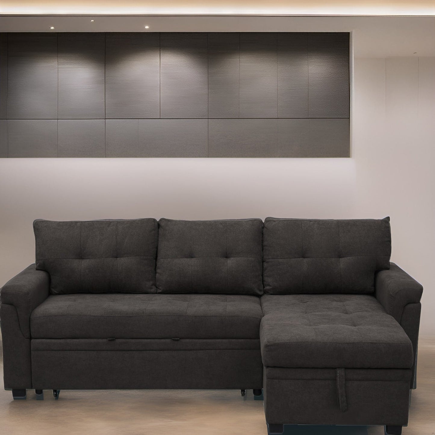 Divano componibile reversibile con letto estraibile, chaise longue con contenitore nascosto, gambe resistenti,