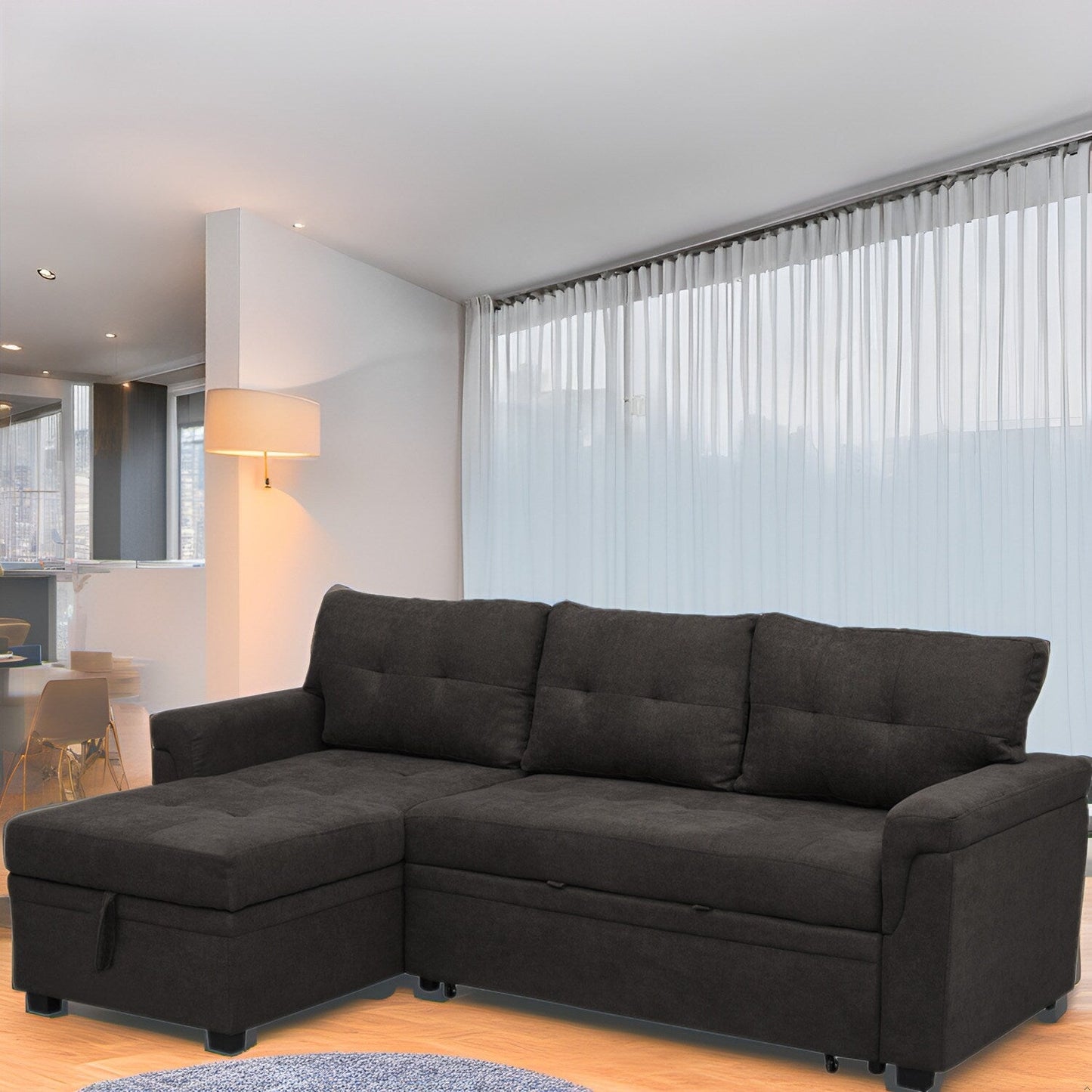 Divano componibile reversibile con letto estraibile, chaise longue con contenitore nascosto, gambe resistenti,