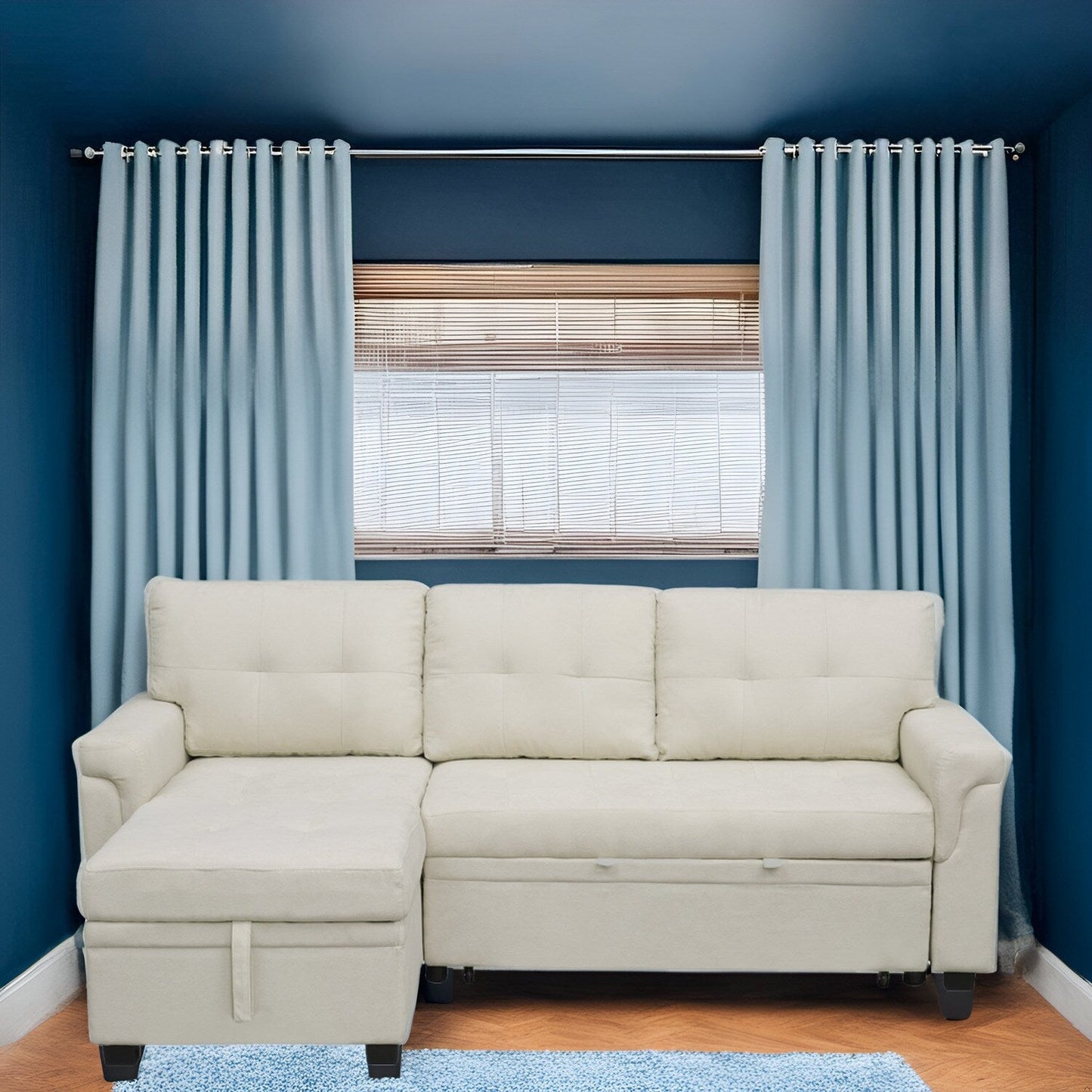 Divano componibile reversibile con letto estraibile, chaise longue con contenitore nascosto, gambe resistenti,