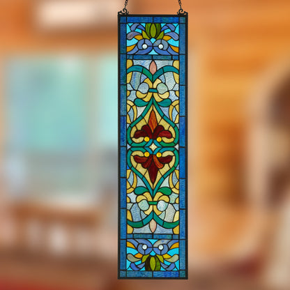 Pannello per finestra in vetro colorato vittoriano con motivo Fleur De Lis River of Goods - 9,5 L x 0,25 W x 36 H