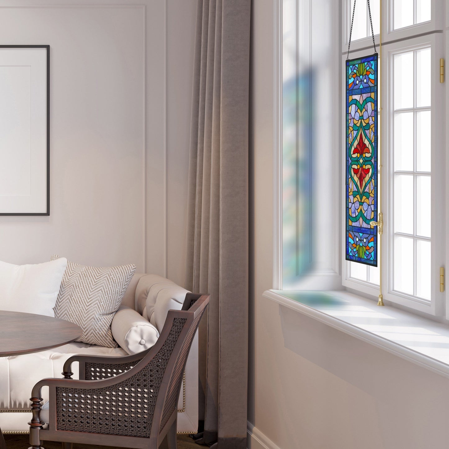 Pannello per finestra in vetro colorato vittoriano con motivo Fleur De Lis River of Goods - 9,5 L x 0,25 W x 36 H