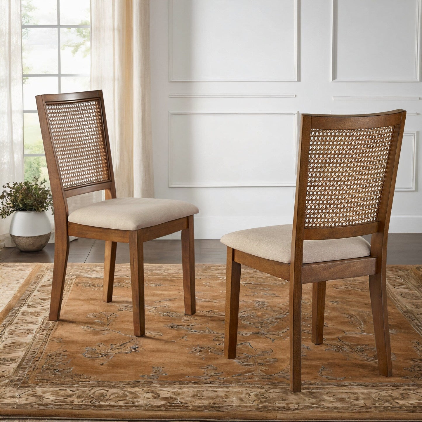 Sedie da pranzo Ronda in lino beige con schienale in rattan (set di 2)