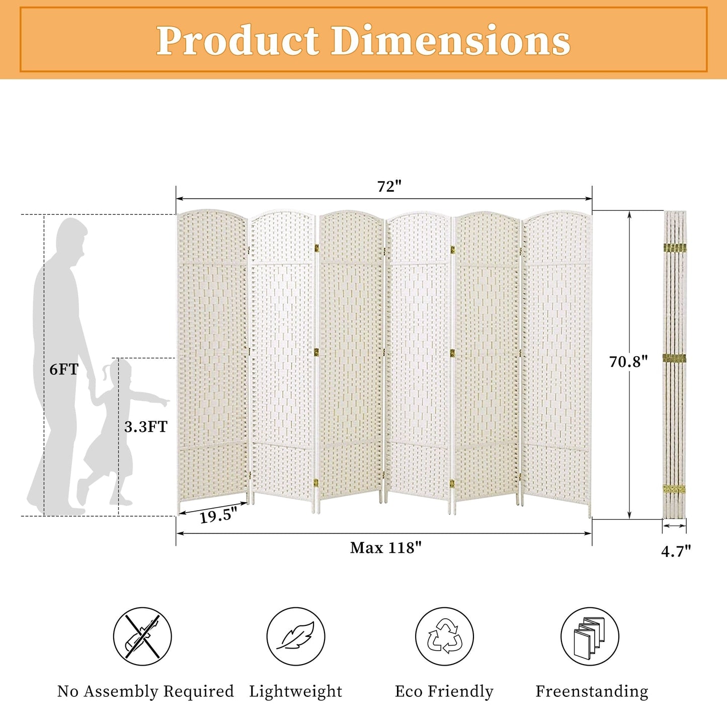 Divisorio per ambienti, divisorio pieghevole in fibra intrecciata, alto 6 piedi, indipendente