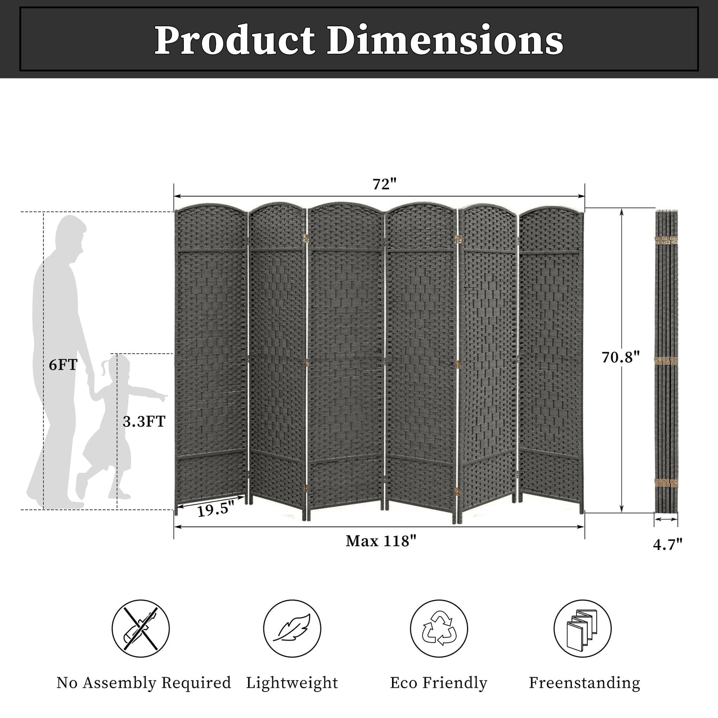 Divisorio per ambienti, divisorio pieghevole in fibra intrecciata, alto 6 piedi, indipendente