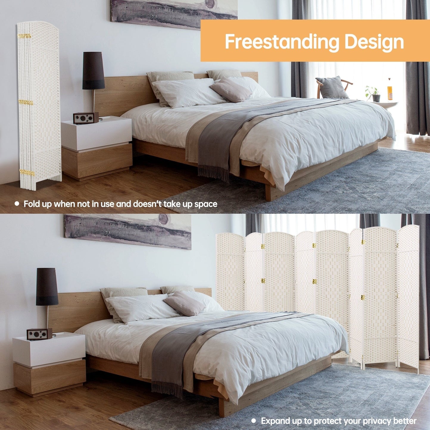 Divisorio per ambienti, divisorio pieghevole in fibra intrecciata, alto 6 piedi, indipendente