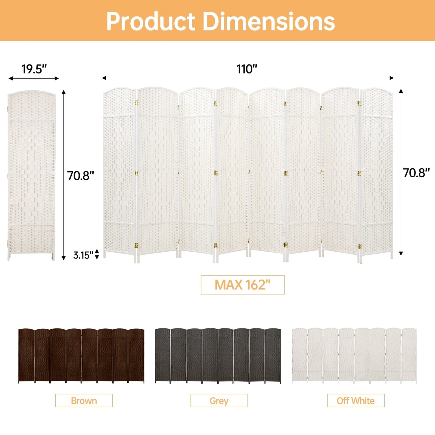 Divisorio per ambienti, divisorio pieghevole in fibra intrecciata, alto 6 piedi, indipendente