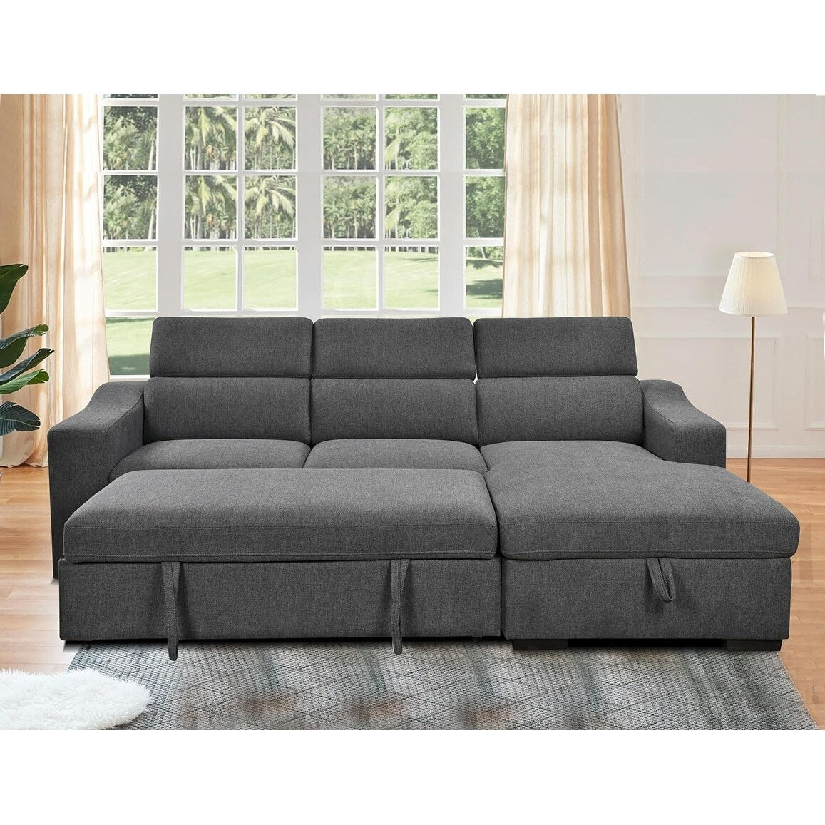 Divano componibile trasformabile Roomfitters 103 con chaise longue contenitore, poggiatesta regolabili, divano letto angolare a L, grigio scuro