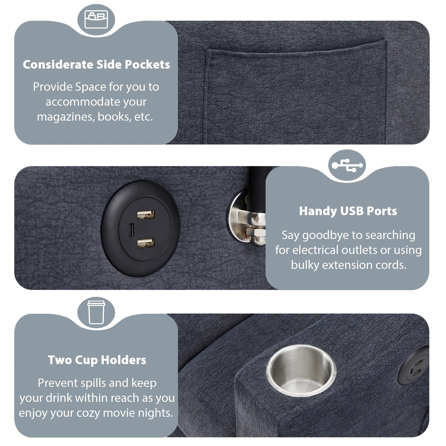 Divano letto trasformabile Roomfitters con porte USB, tasche laterali, portabicchieri e supporto girevole per telefono per il soggiorno