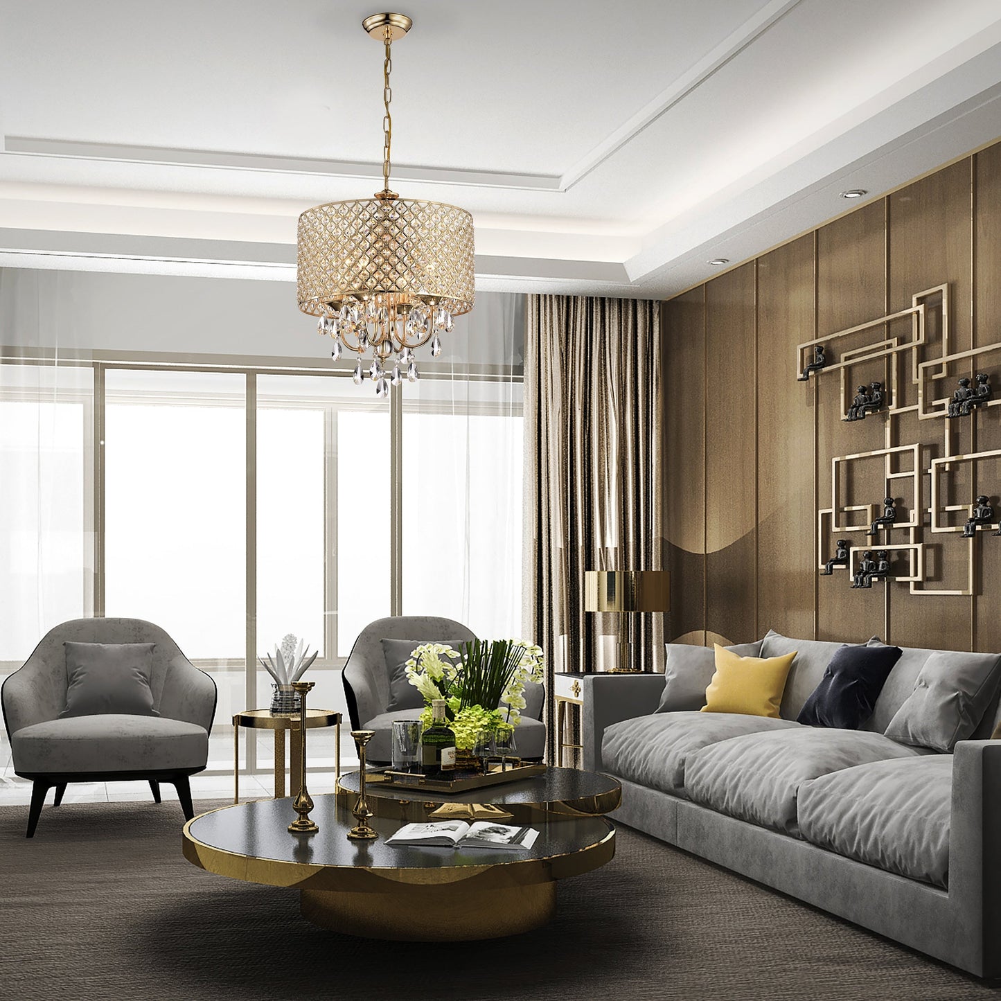 Lampadario a tamburo con perline rotonde e cristalli pendenti