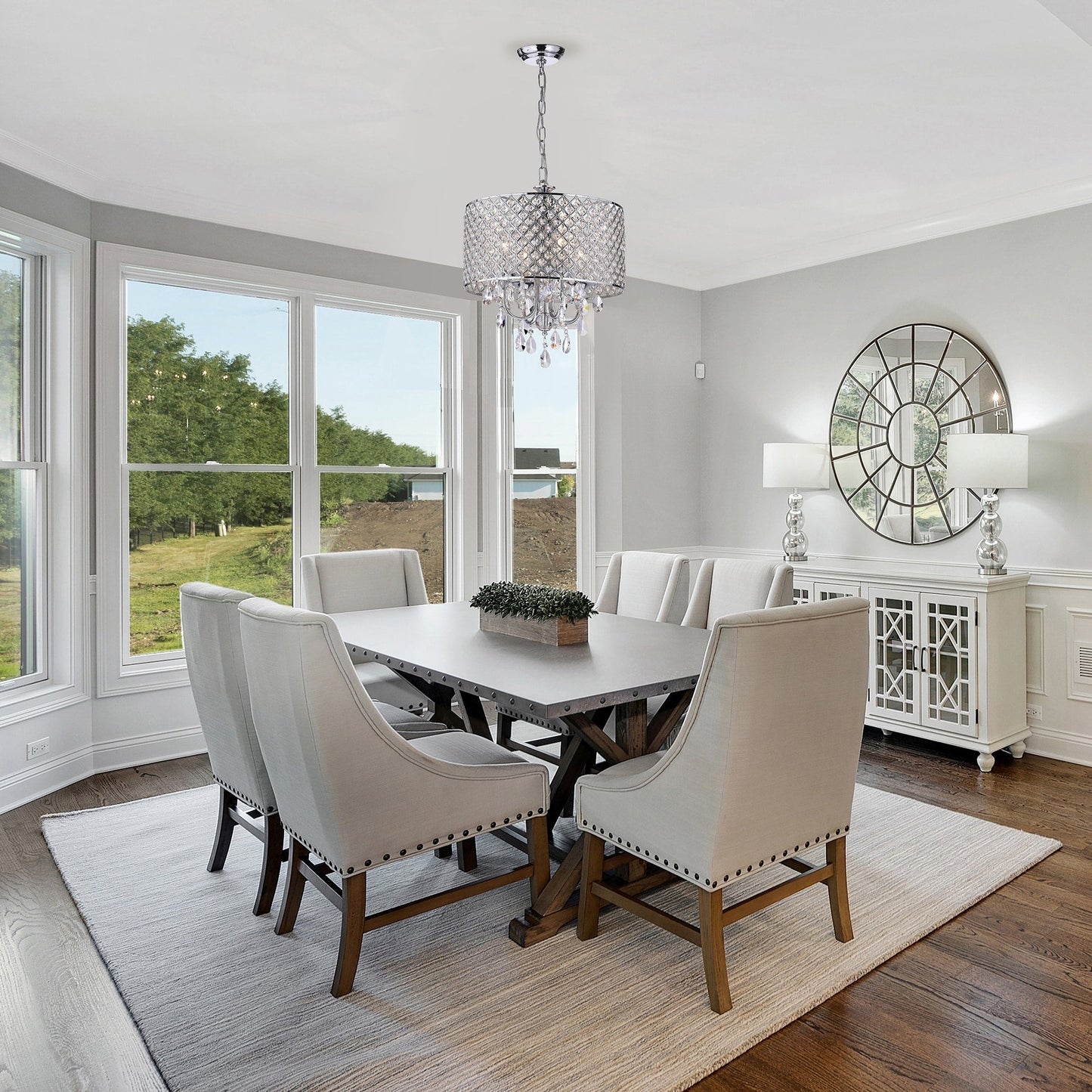 Lampadario a tamburo con perline rotonde e cristalli pendenti