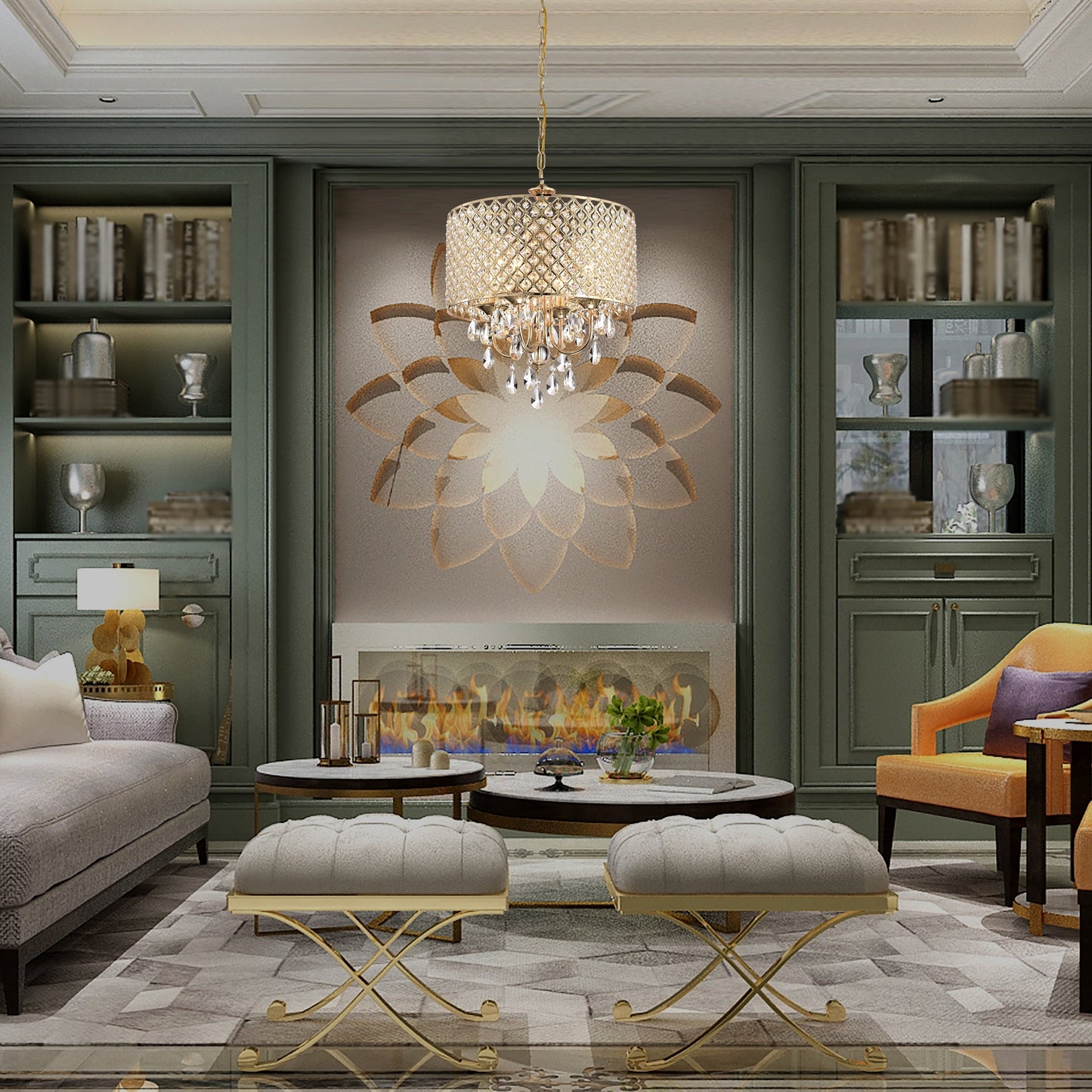 Lampadario a tamburo con perline rotonde e cristalli pendenti